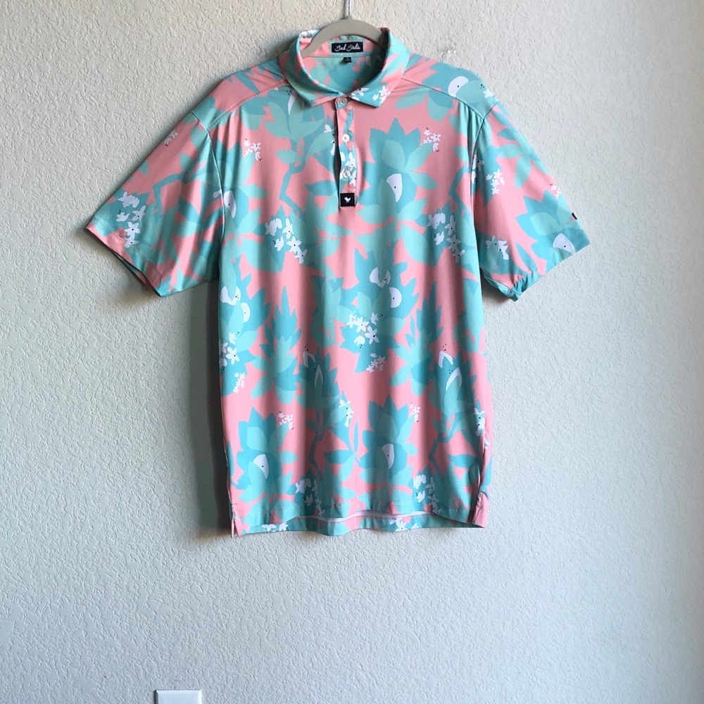 Bad Birdie Mens Golf Polo Floral Print Pink Seafoam Large Short Sleeve